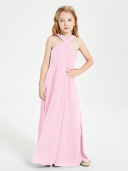 Robes de Demoiselles d'Honneur Junior Longues à Décolleté Grec Rose Bonbon