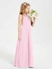 Robes de Demoiselles d'Honneur Junior Longues à Décolleté Grec Rose Bonbon