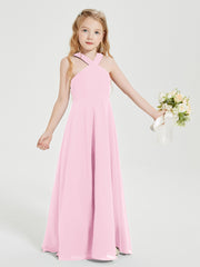Robes de Demoiselles d'Honneur Junior Longues à Décolleté Grec Rose Bonbon