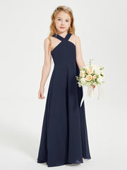 Robes de Demoiselles d'Honneur Junior Longues à Décolleté Grec Bleu Marine