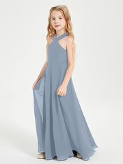 Robes de Demoiselles d'Honneur Junior Longues à Décolleté Grec Bleu Poudré