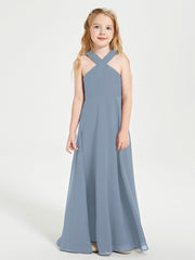 Robes de Demoiselles d'Honneur Junior Longues à Décolleté Grec Bleu Poudré