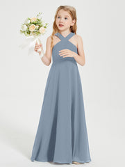 Robes de Demoiselles d'Honneur Junior Longues à Décolleté Grec Bleu Poudré