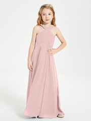 Robes de Demoiselles d'Honneur Junior Longues à Décolleté Grec Rose Poudré