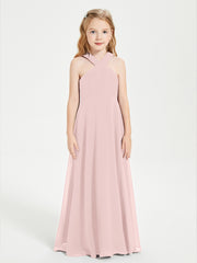Robes de Demoiselles d'Honneur Junior Longues à Décolleté Grec Rose Poudré