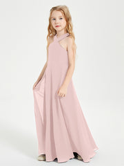 Robes de Demoiselles d'Honneur Junior Longues à Décolleté Grec Rose Poudré