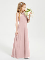 Robes de Demoiselles d'Honneur Junior Longues à Décolleté Grec Rose Poudré