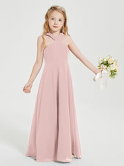 Robes de Demoiselles d'Honneur Junior Longues à Décolleté Grec Rose Poudré