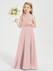 Robes de Demoiselles d'Honneur Junior Longues à Décolleté Grec Rose Poudré