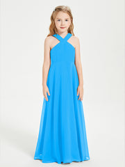 Robes de Demoiselles d'Honneur Junior Longues à Décolleté Grec Bleu Océan