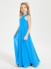 Robes de Demoiselles d'Honneur Junior Longues à Décolleté Grec Bleu Océan