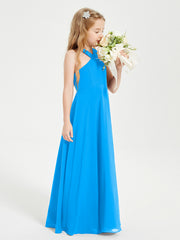 Robes de Demoiselles d'Honneur Junior Longues à Décolleté Grec Bleu Océan