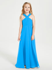 Robes de Demoiselles d'Honneur Junior Longues à Décolleté Grec Bleu Océan
