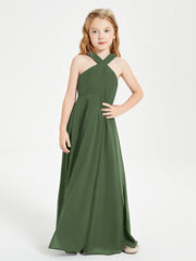 Robes de Demoiselles d'Honneur Junior Longues à Décolleté Grec Olive Verte