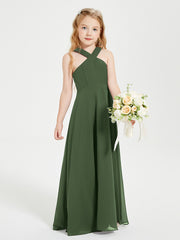 Robes de Demoiselles d'Honneur Junior Longues à Décolleté Grec Olive Verte