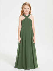 Robes de Demoiselles d'Honneur Junior Longues à Décolleté Grec Olive Verte