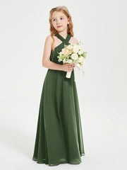 Robes de Demoiselles d'Honneur Junior Longues à Décolleté Grec Olive Verte