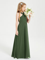 Robes de Demoiselles d'Honneur Junior Longues à Décolleté Grec Olive Verte