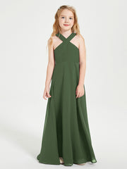 Robes de Demoiselles d'Honneur Junior Longues à Décolleté Grec Olive Verte