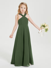 Robes de Demoiselles d'Honneur Junior Longues à Décolleté Grec Olive Verte