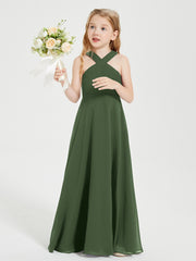Robes de Demoiselles d'Honneur Junior Longues à Décolleté Grec Olive Verte
