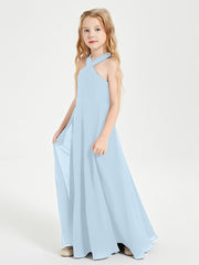Robes de Demoiselles d'Honneur Junior Longues à Décolleté Grec Bleu Ciel