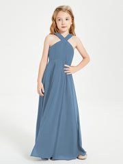Robes de Demoiselles d'Honneur Junior Longues à Décolleté Grec Bleu de Schiste