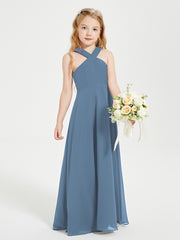 Robes de Demoiselles d'Honneur Junior Longues à Décolleté Grec Bleu de Schiste