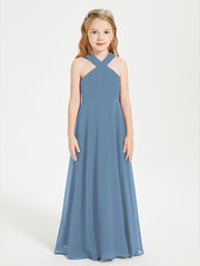 Robes de Demoiselles d'Honneur Junior Longues à Décolleté Grec Bleu de Schiste