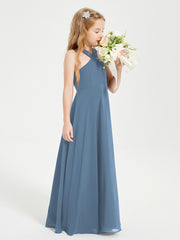 Robes de Demoiselles d'Honneur Junior Longues à Décolleté Grec Bleu de Schiste