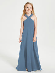 Robes de Demoiselles d'Honneur Junior Longues à Décolleté Grec Bleu de Schiste