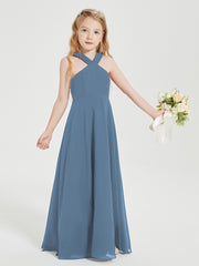 Robes de Demoiselles d'Honneur Junior Longues à Décolleté Grec Bleu de Schiste