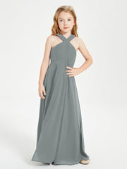 Robes de Demoiselles d'Honneur Junior Longues à Décolleté Grec Gris Acier