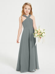 Robes de Demoiselles d'Honneur Junior Longues à Décolleté Grec Gris Acier