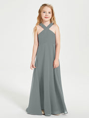 Robes de Demoiselles d'Honneur Junior Longues à Décolleté Grec Gris Acier