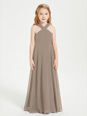 Robes de Demoiselles d'Honneur Junior Longues à Décolleté Grec Taupe