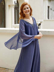 Robe de A-ligne en Mousseline à Col en V avec Volants Perlé en Cascade Orageux Grande Taille