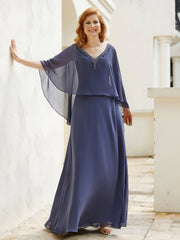 Robe de A-ligne en Mousseline à Col en V avec Volants Perlé en Cascade Orageux Grande Taille
