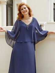 Robe de A-ligne en Mousseline à Col en V avec Volants Perlé en Cascade Orageux