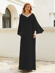 Robe de A-ligne en Mousseline à Col en V avec Volants Perlé en Cascade Noir Grande Taille