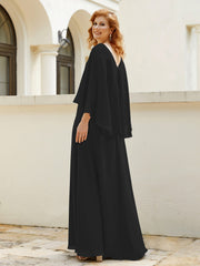 Robe de A-ligne en Mousseline à Col en V avec Volants Perlé en Cascade Noir