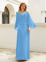 Robe de A-ligne en Mousseline à Col en V avec Volants Perlé en Cascade Bleu
