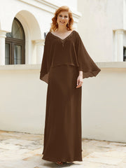 Robe de A-ligne en Mousseline à Col en V avec Volants Perlé en Cascade Brun