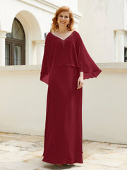 Robe de A-ligne en Mousseline à Col en V avec Volants Perlé en Cascade Bordeaux Grande Taille
