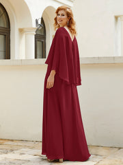 Robe de A-ligne en Mousseline à Col en V avec Volants Perlé en Cascade Bordeaux