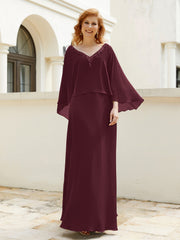 Robe de A-ligne en Mousseline à Col en V avec Volants Perlé en Cascade Cabernet