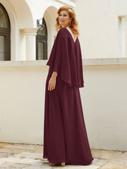 Robe de A-ligne en Mousseline à Col en V avec Volants Perlé en Cascade Cabernet
