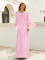 Robe de A-ligne en Mousseline à Col en V avec Volants Perlé en Cascade Rose Bonbon Grande Taille