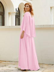 Robe de A-ligne en Mousseline à Col en V avec Volants Perlé en Cascade Rose Bonbon Grande Taille
