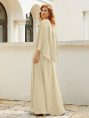 Robe de A-ligne en Mousseline à Col en V avec Volants Perlé en Cascade Champagne